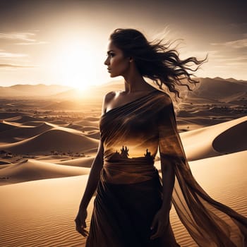 Captivating silhouette of woman against breathtaking desert. Her flowing hair and serene expression create a sense of peace, inviting exploration of themes like beauty, freedom, and inner strength