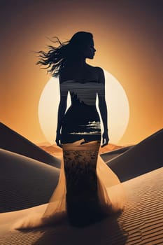 Enigmatic silhouette of woman filled with desert landscape. Flowing hair enhances visual impact, symbolizing freedom and adventure while inviting contemplation of beauty found in natural surroundings