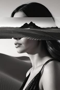 Artistic portrayal of womans profile against stunning dunes. Intricate details and soft colors evoke feelings of tranquility and introspection, highlighting the beauty of nature and human connection