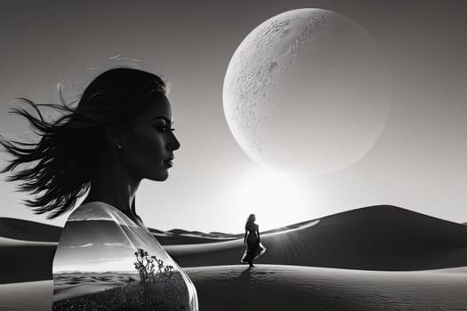Enchanting depiction of womans silhouette intertwined with desert vistas. Windswept hair enhances the ethereal quality, inviting contemplation of beauty, strength, and the allure of natures landscapes