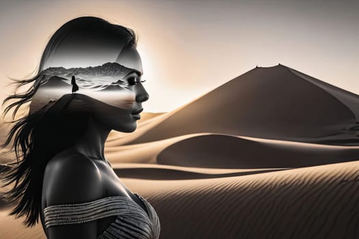Mesmerizing image of woman in profile, harmoniously merging with sandy dunes. Flowing hair captures movement, symbolizing the connection between human spirit and the vast beauty of nature