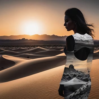 Unique image of woman in profile, seamlessly blending with desert landscape. Windswept hair and soft hues reflect harmony with nature, inviting viewers to appreciate beauty of natural world