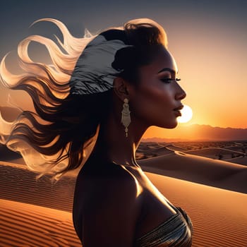 Captivating profile of woman intertwined with desert scenery. Flowing hair, soft contours reflect harmony between human spirit, nature, inviting viewers to explore beauty, serenity of vast landscapes