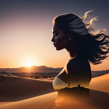 Ethereal silhouette of woman merging with sweeping desert landscape. Flowing hair and tranquil expression evoke a sense of adventure and connection to nature, celebrating beauty of natural world