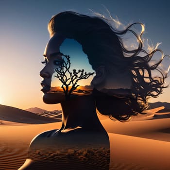 Stunning silhouette of woman with flowing hair merges with breathtaking desert landscape. Intricate details create dreamlike quality, evoking themes of freedom, inner strength against serene backdrop