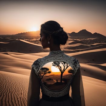 Captivating silhouette of woman against breathtaking desert. Her flowing hair and serene expression create a sense of peace, inviting exploration of themes like beauty, freedom, and inner strength