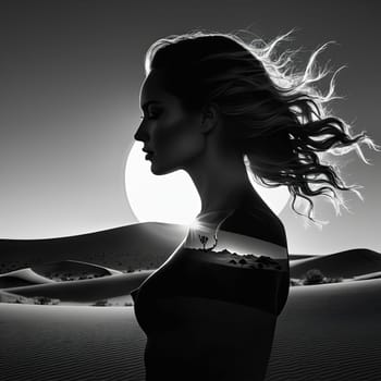 Ethereal image of womans silhouette blended with sweeping dunes. Her windswept hair and tranquil expression convey emotions of exploration, peace, celebrating connection to nature in mesmerizing way