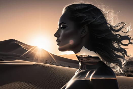 Unique image of woman in profile, seamlessly blending with desert landscape. Windswept hair and soft hues reflect harmony with nature, inviting viewers to appreciate the beauty of the natural world