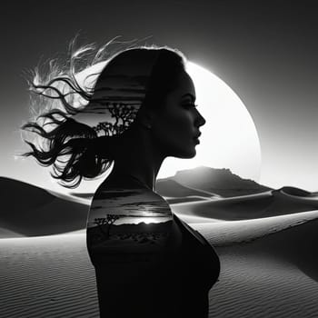 Mesmerizing image of woman in profile, harmoniously merging with sandy dunes. Flowing hair captures movement, symbolizing the connection between human spirit and the vast beauty of nature