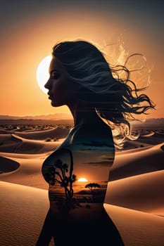 Dreamy scene featuring womans silhouette merging with vibrant desert scenery. Flowing hair and serene expression create captivating visual that symbolizes strength, beauty, essence of exploration