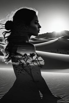 Enigmatic silhouette of woman filled with desert landscape. Flowing hair enhances visual impact, symbolizing freedom and adventure while inviting contemplation of beauty found in natural surroundings