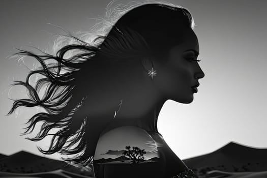Striking silhouette of woman set against expansive dunes. Her flowing hair and tranquil demeanor embody resilience and grace, evoking emotions of freedom and connection to the serene landscape