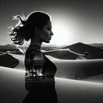 Captivating silhouette of woman against breathtaking desert. Her flowing hair and serene expression create a sense of peace, inviting exploration of themes like beauty, freedom, and inner strength