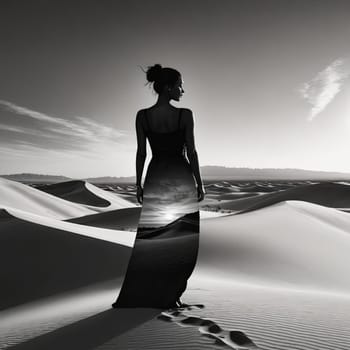 Stunning silhouette of woman with flowing hair merges with breathtaking desert landscape. Intricate details create dreamlike quality, evoking themes of freedom, inner strength against serene backdrop