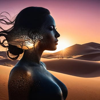 Artistic portrayal of womans profile against stunning dunes. Intricate details and soft colors evoke feelings of tranquility and introspection, highlighting the beauty of nature and human connection