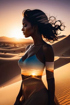 Dreamy scene featuring womans silhouette merging with vibrant desert scenery. Flowing hair and serene expression create a captivating visual that symbolizes strength, beauty, essence of exploration