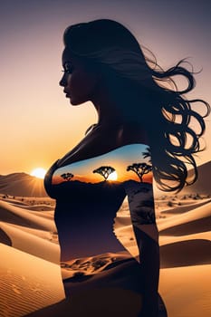 Unique image of woman in profile, seamlessly blending with desert landscape. Windswept hair and soft hues reflect harmony with nature, inviting viewers to appreciate the beauty of the natural world