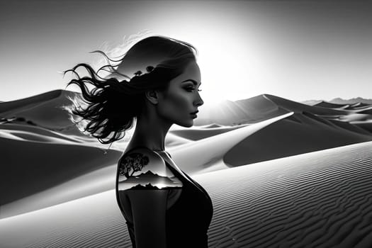 Striking silhouette of woman set against expansive dunes. Her flowing hair and tranquil demeanor embody resilience and grace, evoking emotions of freedom and connection to serene landscape