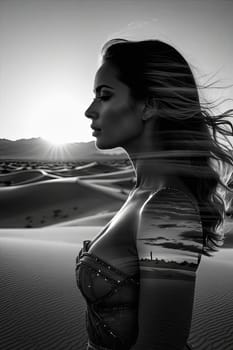 Enchanting depiction of womans silhouette intertwined with desert vistas. Windswept hair enhances ethereal quality, inviting contemplation of beauty, strength, allure of natures landscapes