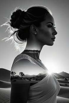 Mesmerizing image of woman in profile, harmoniously merging with sandy dunes. Flowing hair captures movement, symbolizing the connection between human spirit and the vast beauty of nature