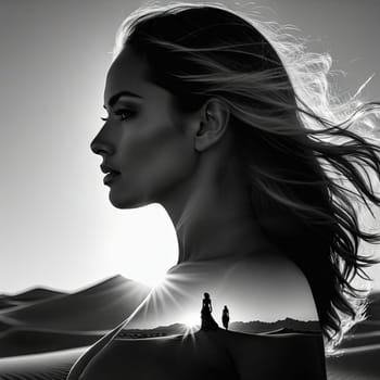 Ethereal silhouette of woman merging with sweeping desert landscape. Flowing hair and tranquil expression evoke sense of adventure and connection to nature, celebrating beauty of natural world