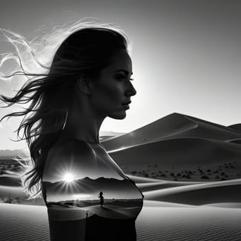 Captivating silhouette of woman against breathtaking desert. Her flowing hair and serene expression create a sense of peace, inviting exploration of themes like beauty, freedom, and inner strength