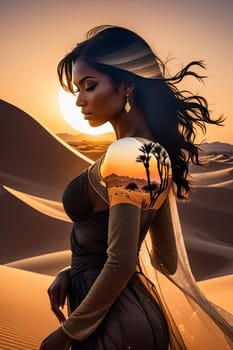Stunning silhouette of woman with flowing hair merges with breathtaking desert landscape. Intricate details create dreamlike quality, evoking themes of freedom, inner strength against serene backdrop