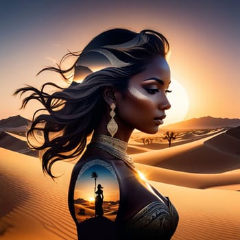 Captivating profile of woman intertwined with desert scenery. Flowing hair, soft contours reflect harmony between human spirit, nature, inviting viewers to explore beauty, serenity of vast landscapes