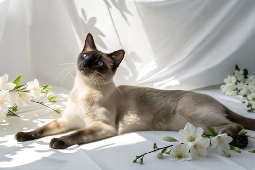 Adult siamese or Thai cat lying in front of white background in sunlight with white flowers.