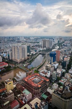 Ho Chi Minh City, November 24, 2022: Aerial view of Ho Chi Minh City from Saigon Sky Deck on Bitexco Tower