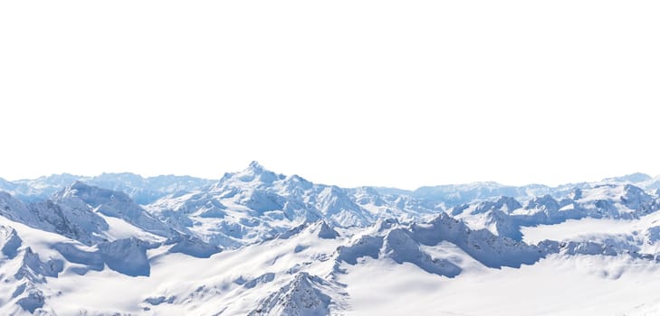 Panorama of winter mountains covered in snow isolated on white background. Mountain peaks in winter