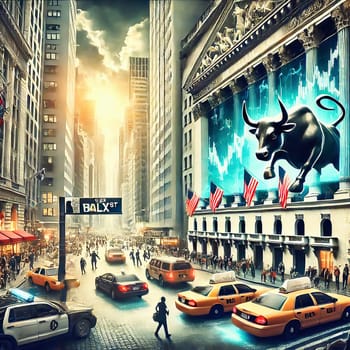 An imposing bull in the middle of an urban street scene, flanked by skyscrapers and American flags, symbolizes strength and financial power.