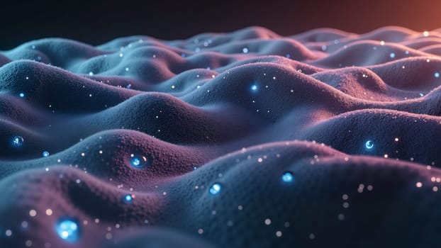 A close up of a blue and purple surface with a lot of small dots. The dots are glowing and appear to be stars. The image has a dreamy, ethereal quality to it