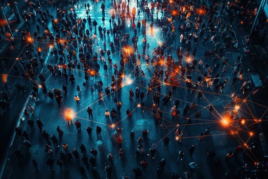 Top view of people connected by glowing lines. Concept of internet globalization.