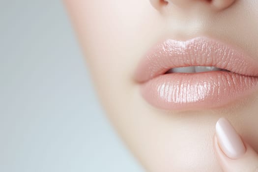 Perfect natural lip makeup and nude manicure in a beauty portrait emphasizing femininity and skincare
