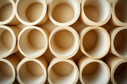 Many tubes rolled from paper stand on the table, top view, horizontal background