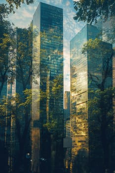 Mirrored skyscrapers reflect the greenery of the trees