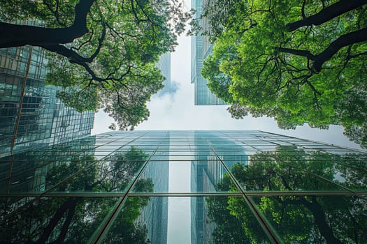 Mirrored skyscrapers reflect the greenery of the trees