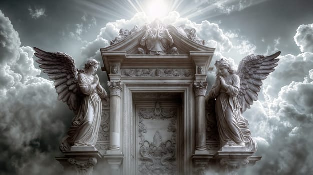 Two graceful angels stand on either side of a grand archway, with beams of light breaking through the clouds above, creating an awe-inspiring atmosphere - Generative AI