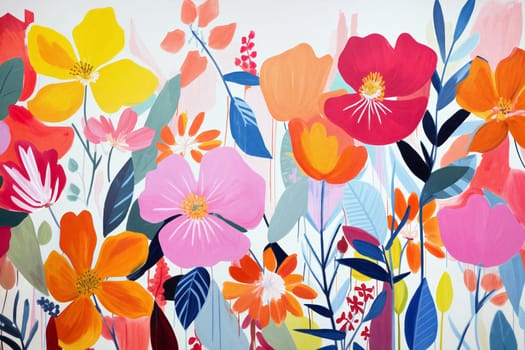 This artwork features an array of colorful flowers in bright shades of pink, orange, yellow, and blue, set against a clean background - Generative AI
