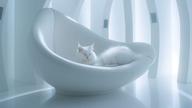 A fluffy white cat relaxes on a stylish, sculptural chair, capturing a peaceful moment in a contemporary space filled with soft, ambient light - Generative AI