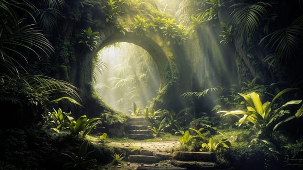 Sunlight streams through a circular stone opening in the jungle, illuminating dense tropical foliage and moss-covered stones, creating a serene, magical atmosphere - Generative AI