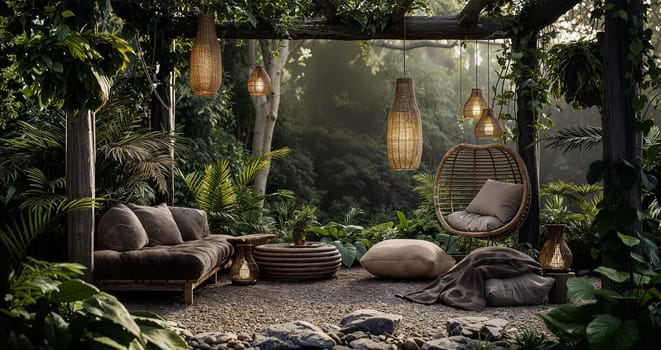 A serene outdoor seating area features comfortable cushions and wicker lighting fixtures, nestled in lush foliage, creating a relaxing retreat in nature - Generative AI