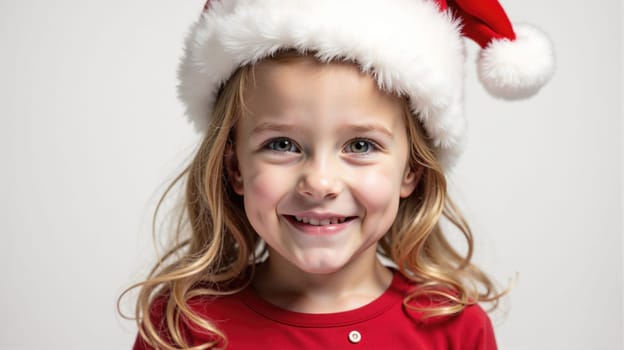 A joyful child with a Santa hat and long hair beams with happiness while dressed in a red shirt. The atmosphere reflects the festive spirit of Christmas.
