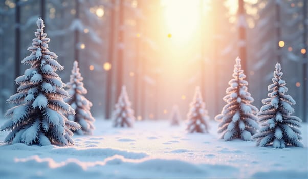 Snow-covered trees fill the serene forest during winter, while warm sunlight creates a magical glow amidst the snowflakes falling gently around.