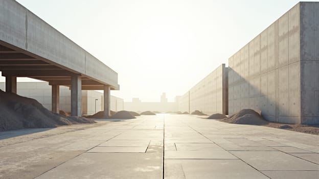 Empty construction site shows concrete walls and flat surfaces under a bright sun. Sand piles sit between structures while hazy city skyline looms in the distance.