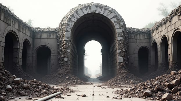 A haunting view of an abandoned architectural site reveals crumbling archways surrounded by piles of rubble. The atmosphere feels somber under the gray sky, evoking a sense of loss.