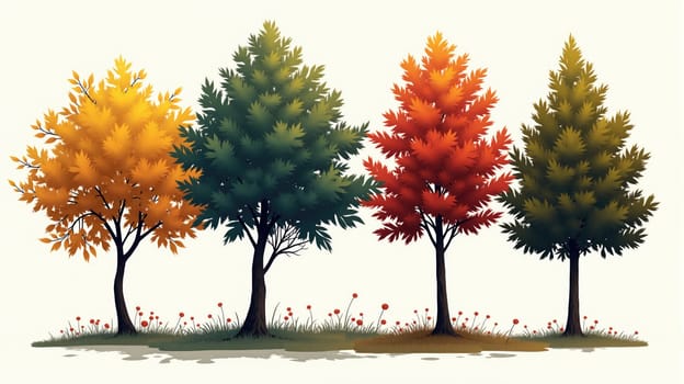 Four trees display vibrant autumn colors, ranging from yellow to deep red, set against a soft background. The trees stand in a grassy area dotted with small flowers.