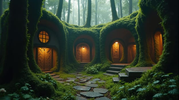 A mystical dwelling nestled in a verdant forest, featuring rounded, moss-covered structures with glowing doors. The atmosphere is serene, illuminated by warm lights in a twilight setting.