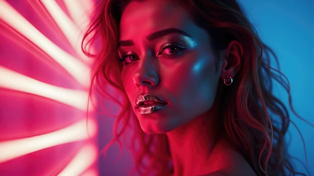 A woman poses confidently with curly hair illuminated by vivid pink and blue lights, creating a striking visual effect. Her glossy lips reflect the colorful ambiance.